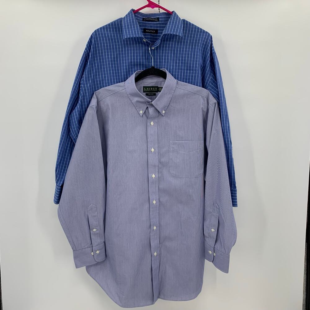 Mens XL Button Up Dress Shirt Bundle 17-17.5 (32/33) Long Sleeve Blue White